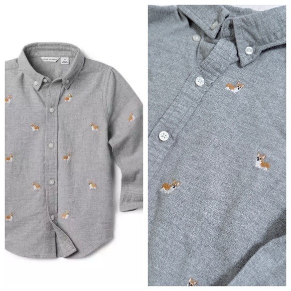 Janie and Jack Other - Janie & Jack Boys 6 Brushed Oxford Long Sleeve Shirt Gray Embroidered Corgi Dog